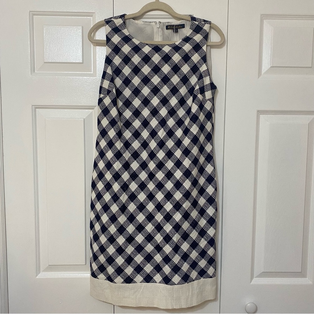 Brooks Brothers Gingham Check Plaid Navy White Sheath Dress  8 Lined Sleeveless